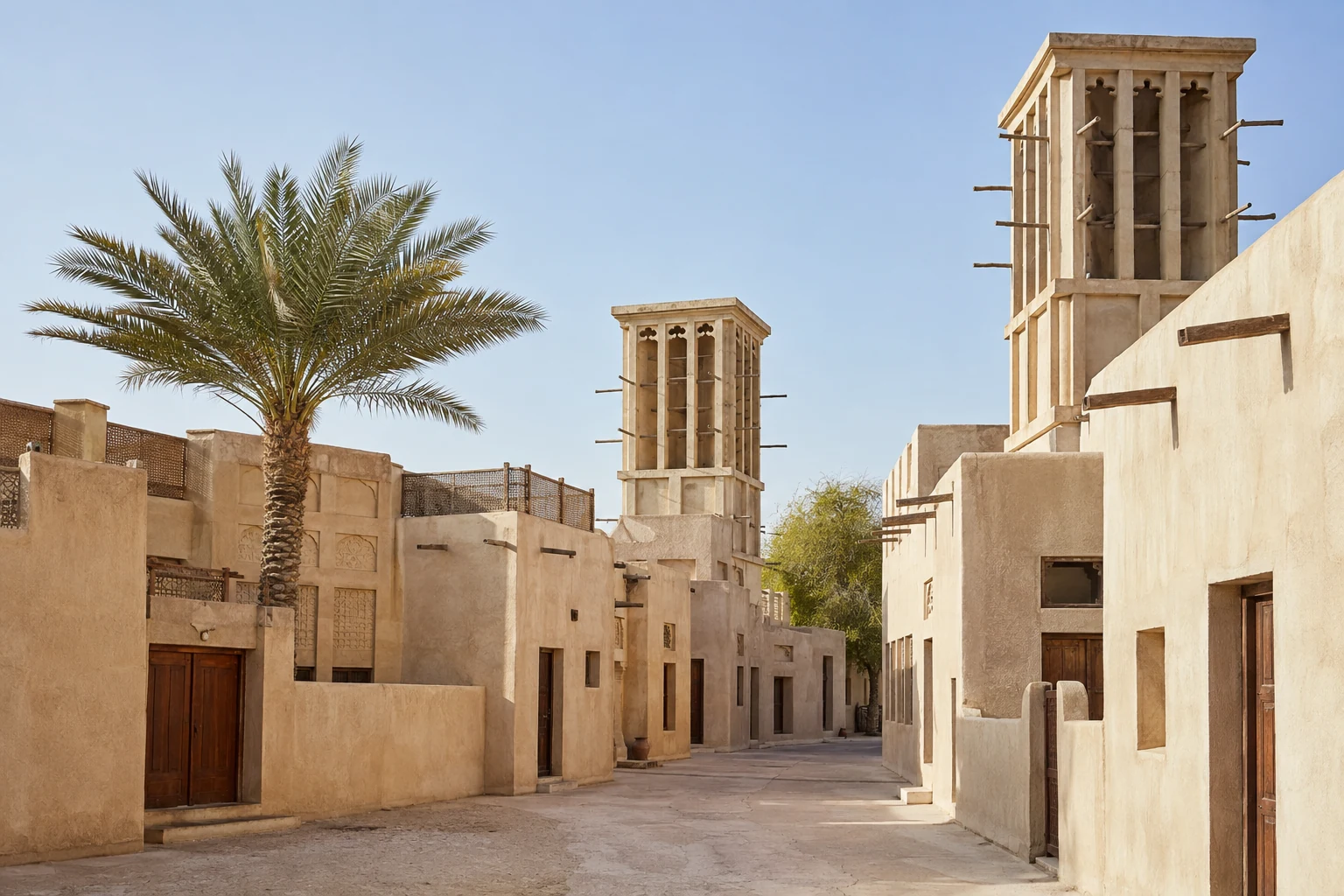 Traditionelle Gasse mit Hofhäusern und Windtürmen in Al Shindagha