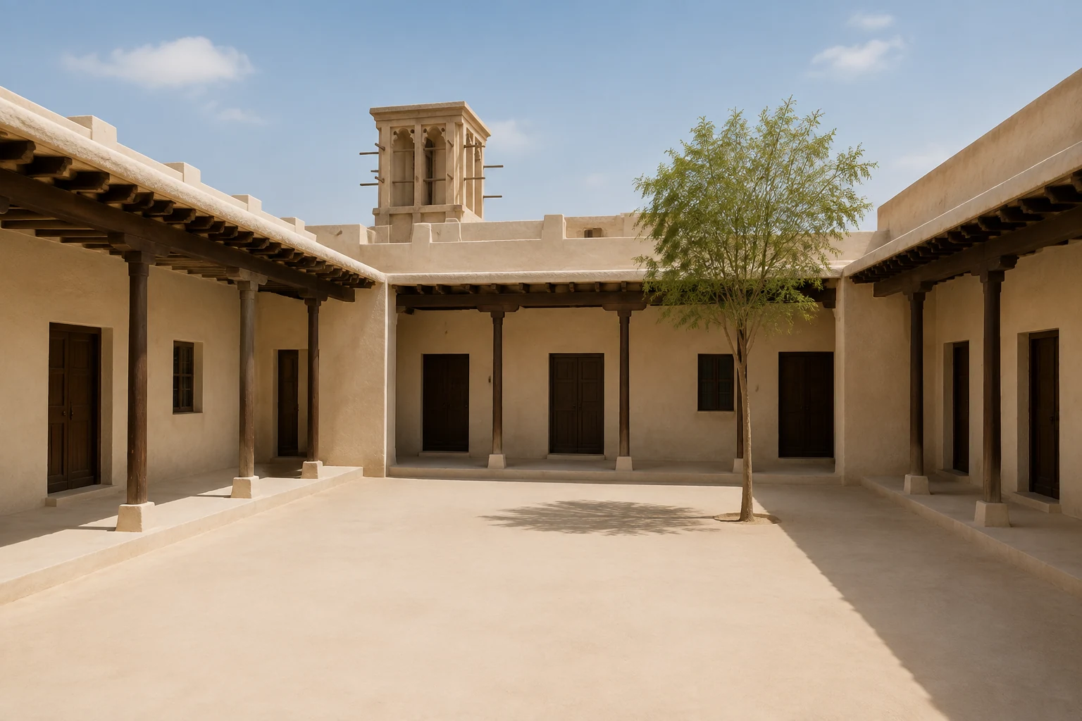 Heller Innenhof eines traditionellen Hauses mit Holzstützen und Windturm