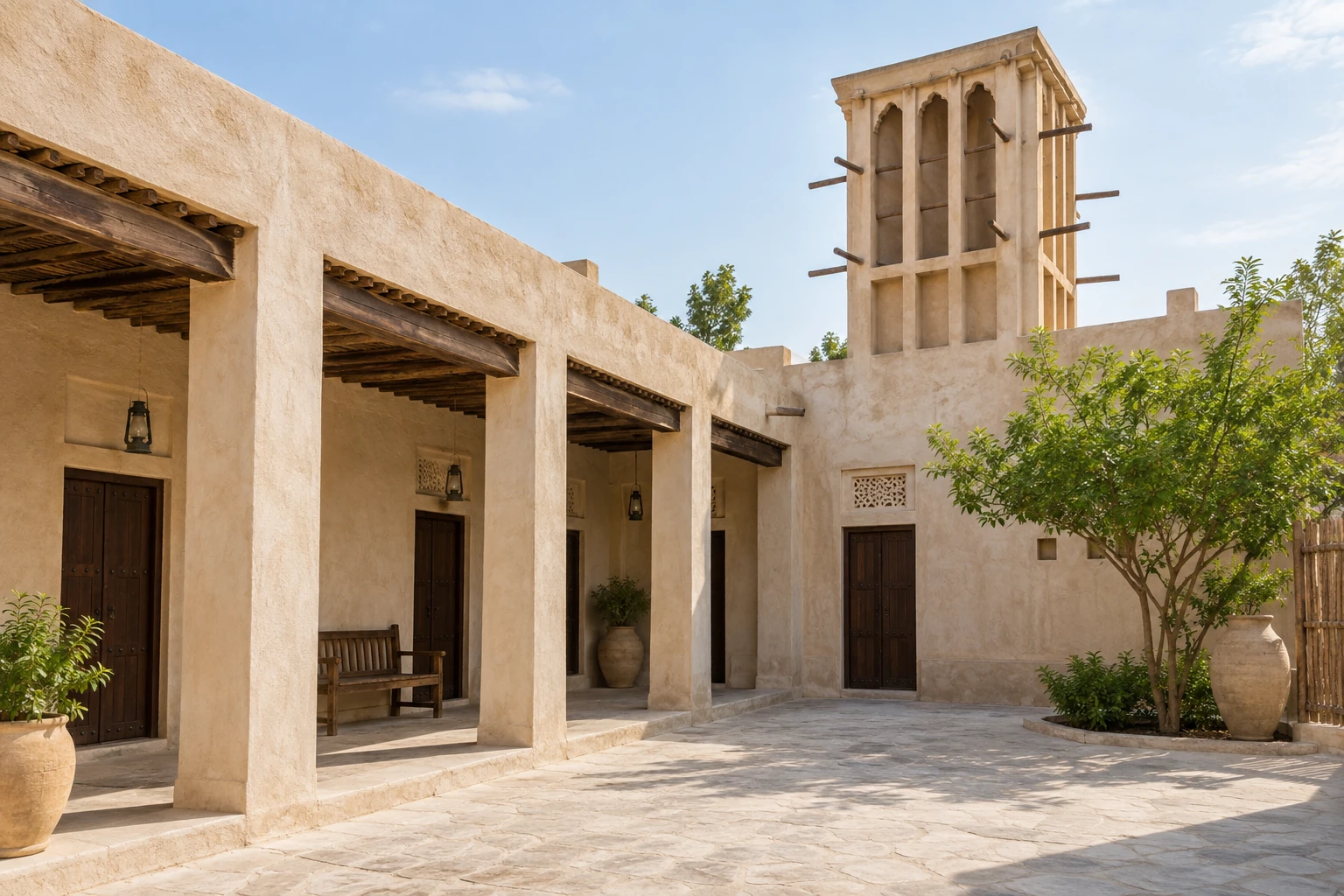 Illustrative sand-coloured courtyard with wooden doors, a covered passage and wind tower for Al Shindagha
