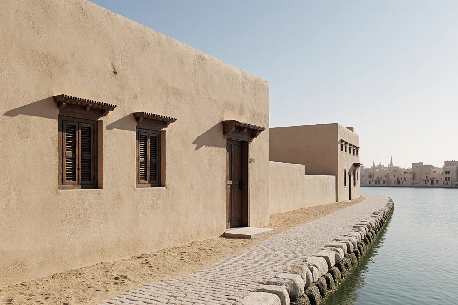 Low traditional building beside a paved waterfront walkway