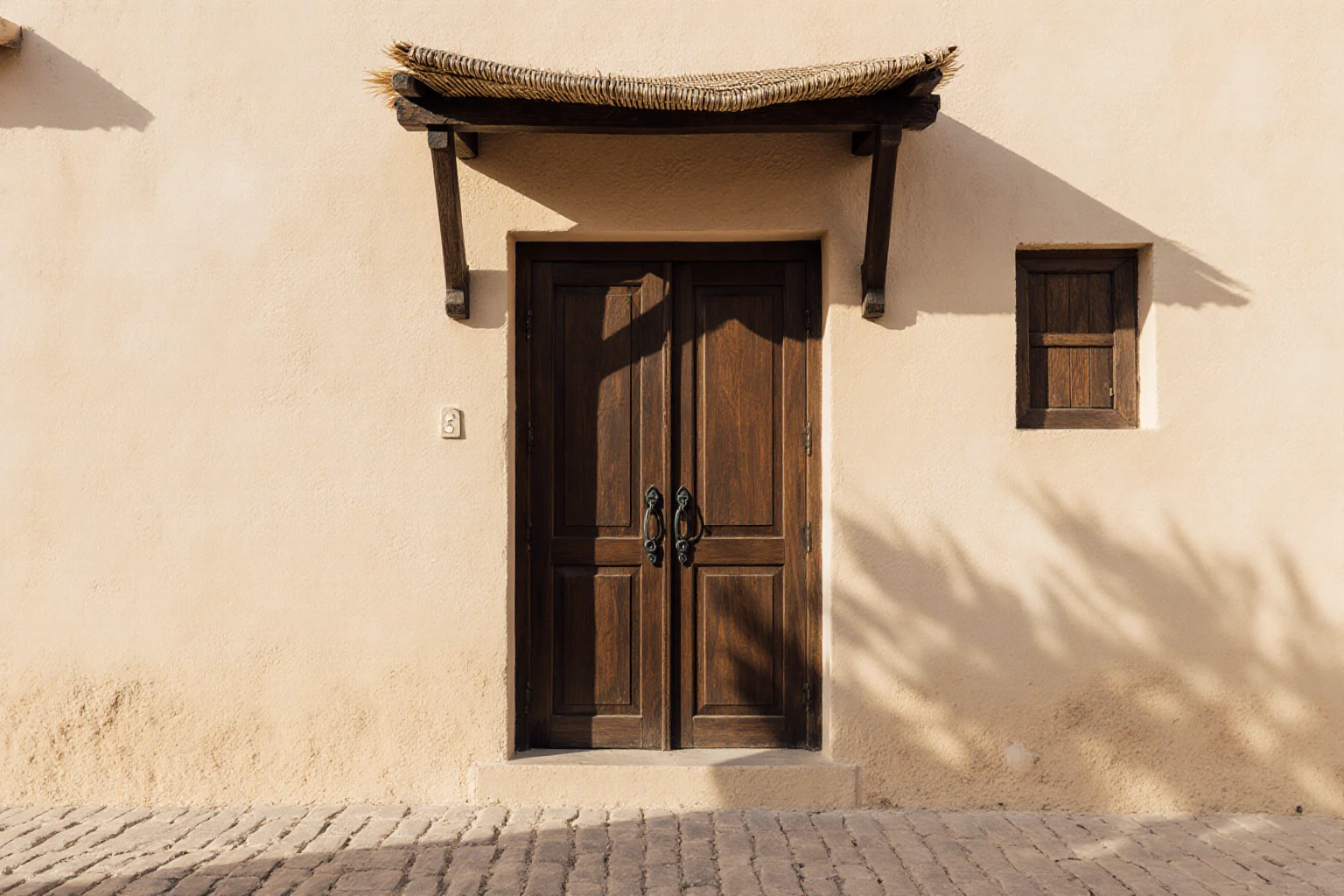 Sand-coloured facade with a wooden double door and shaded entrance